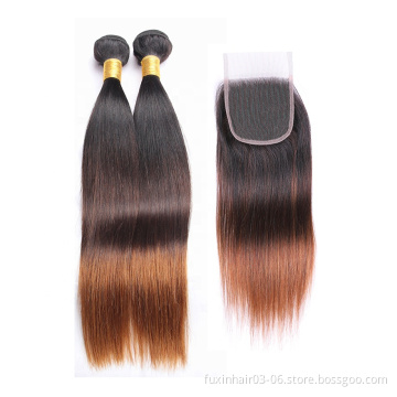 Virgin Hair 1B/4/30 Ombre Color Straight Angels Hair Weaves With Top Closure